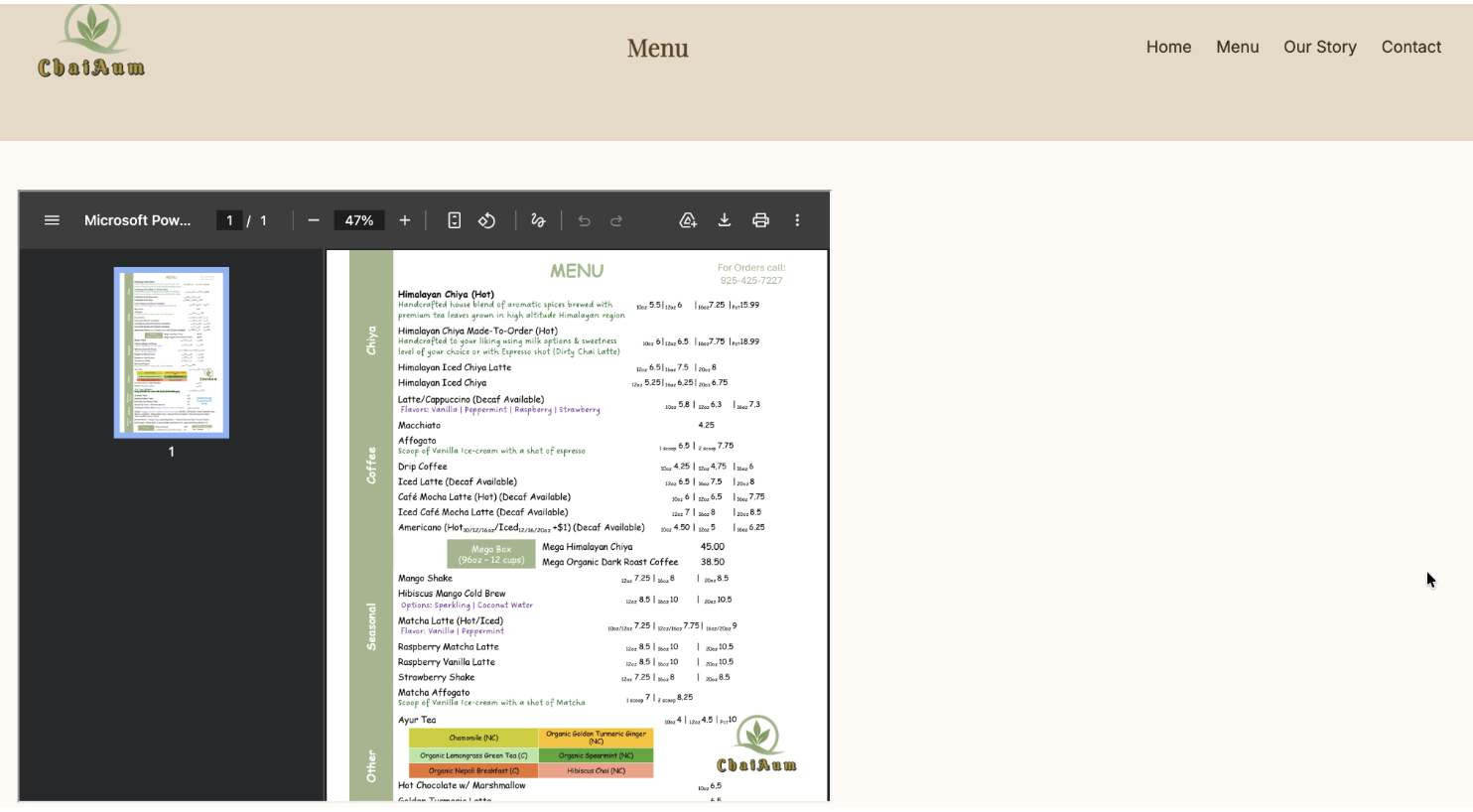 Old chaiAum menu trapped in a PDF